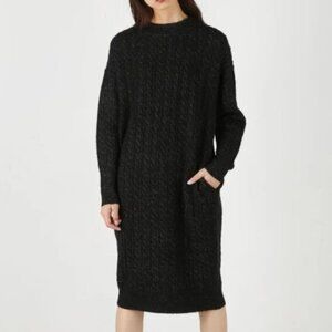 Moussy Mock Neck Knee Lenght Cableloose Knit Sweater Dress Black Fits Large Edgy
